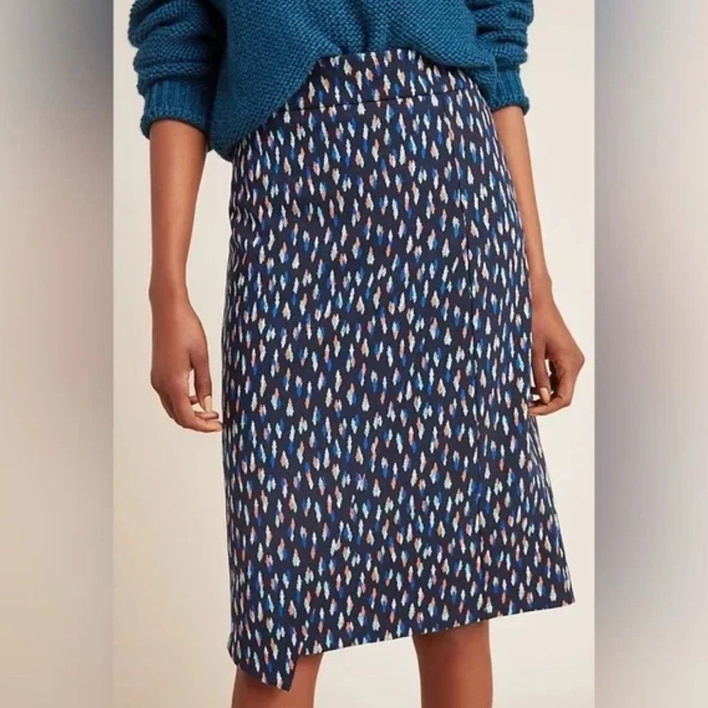 Maeve Anthropologie Debra Knit Pencil Skirt Navy Ikat Jacquard Asymmetrical Sz 4